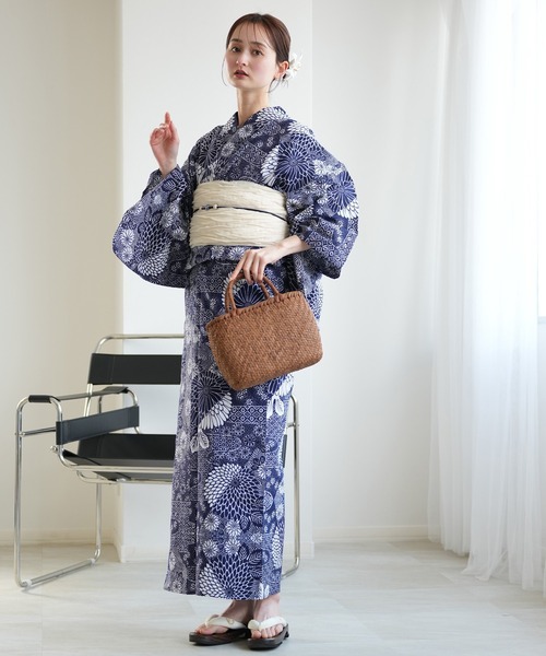 手染め注染浴衣3点セット utatane×注染工房 藍色の古典菊流水（浴衣