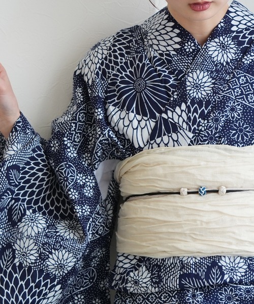 手染め注染浴衣3点セット utatane×注染工房 藍色の古典菊流水（浴衣