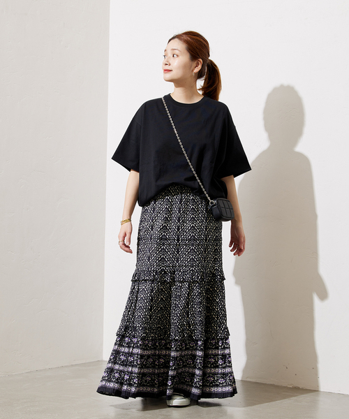 極美品✨サラマリカ　ジャーナル別注　インド製ロングスカート　黒　紫 極美品ꕥサラマリカ ルレックストライプシャーリングフリル