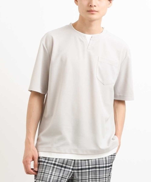 a.v.v(アーヴェヴェ)の「【接触冷感/S-XXL】梨地フェイクレイヤードカットソー(Tシャツ/カットソー・メンズ・ライトグレー/ミント/ブルー/ネイビー/オレンジ・46/48/44/50)」の2枚目の写真
