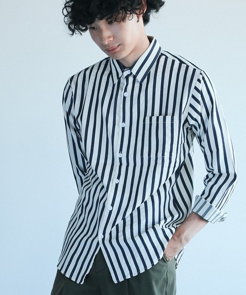 aimoha(アイモハ)の「aimoha mens スリムフィットストライプシャツ(シャツ/ブラウス・メンズ・ベージュ/グリーン/ブルー・X-LARGE/LARGE/XX-LARGE/MEDIUM)」の3枚目の写真