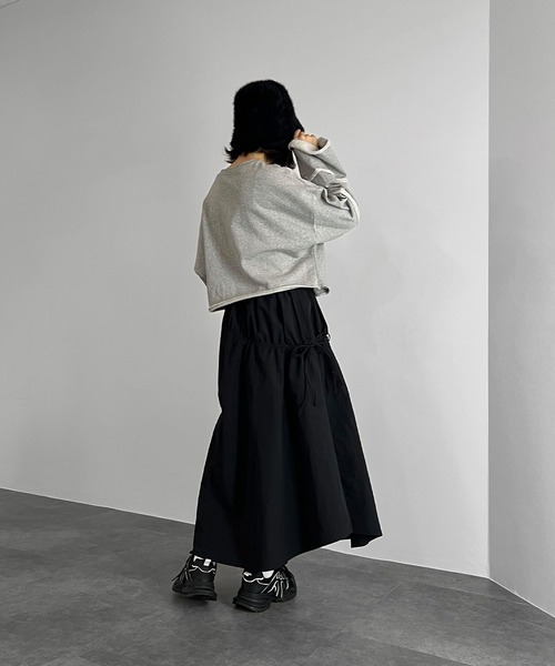 ISOOK(アイスー)の「【ISOOK / アイスー】アシンメトリーギャザーフレアスカート / ロング丈 ボリューム リボン ZOZOTOWN限定(スカート・レディース・カーキ/ブラック・FREE)」の14枚目の写真