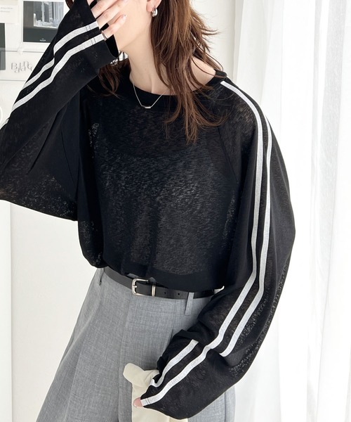 セール】ゆるっとこなれトップス。袖ライン×無地アソートシアー