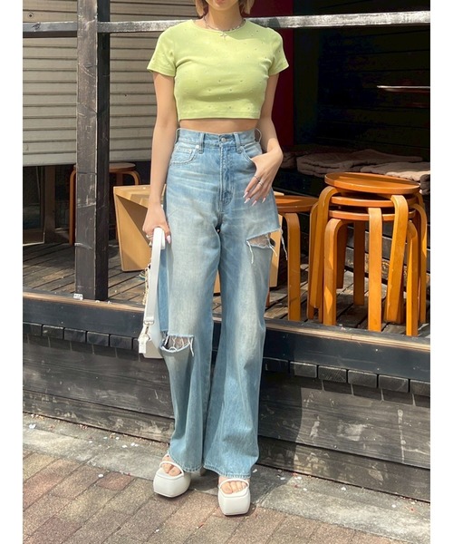 EVRIS（エヴリス）の「ラインストーンコンパクトTシャツ（Tシャツ/カットソー・レディース・ピンク/グリーン/ホワイト/ブラック・FREE）」の8枚目の写真