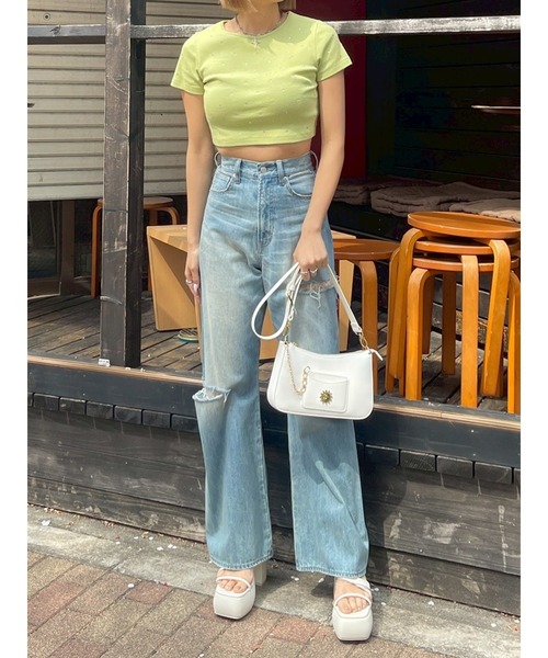 EVRIS（エヴリス）の「ラインストーンコンパクトTシャツ（Tシャツ/カットソー・レディース・ピンク/グリーン/ホワイト/ブラック・FREE）」の9枚目の写真