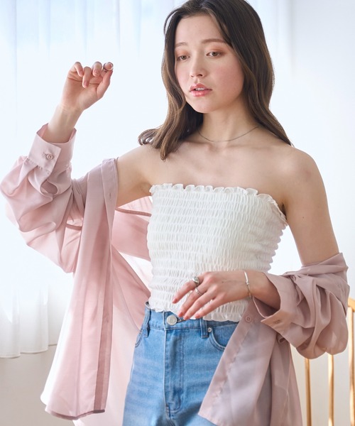 WEGO（ウィゴー）の「WEGO/2WAYシャーリングキャミ（キャミソール・レディース・ブラック/オフホワイト/その他1・FREE）」の4枚目の写真