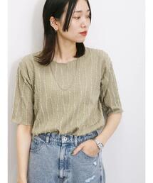 Samansa Mos2 blue | ◎ジャカードフリンジプルオーバー(Tシャツ/カットソー)