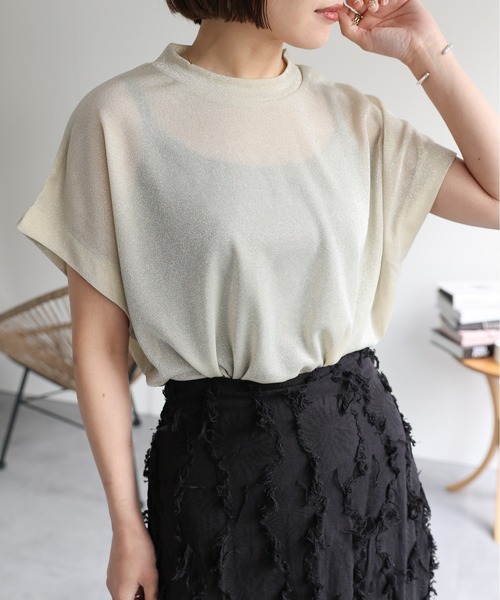 ap retro(アプレトロ)の「ラメフレンチスリーブトップス(Tシャツ/カットソー・レディース・アイボリー/ブラック・MEDIUM)」の7枚目の写真