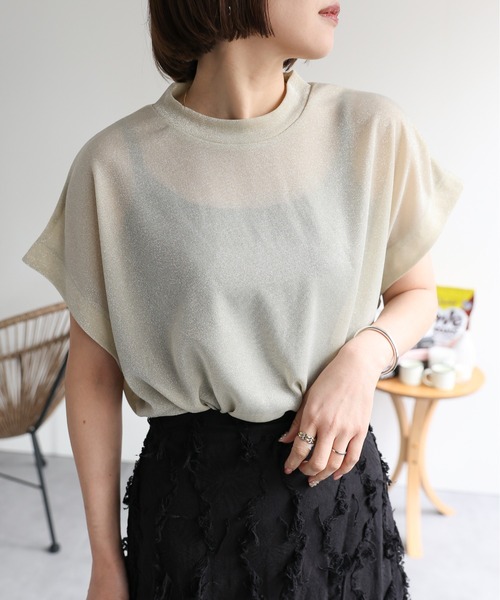 ap retro(アプレトロ)の「ラメフレンチスリーブトップス(Tシャツ/カットソー・レディース・アイボリー/ブラック・MEDIUM)」の6枚目の写真