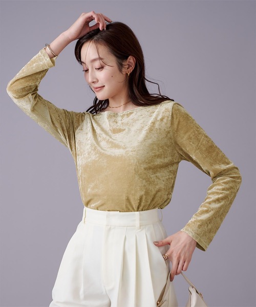 セール】メッシュベロアボートネックトップス（Tシャツ/カットソー