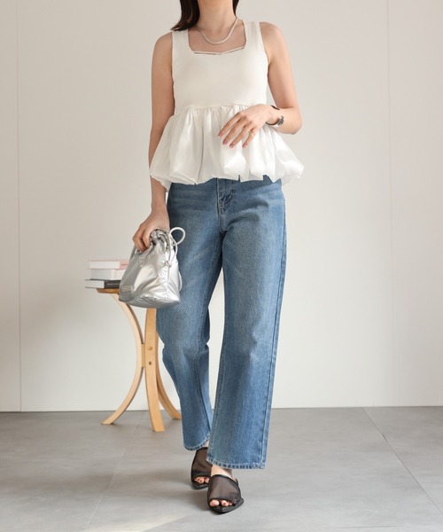 sheller ☆ デニムペプラムトップスノースリーブ 新品未使用 H&M ペプラムトップス ノースリーブ L デニム風