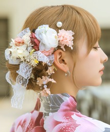 Retica（レティカ）の「浴衣 ヘアアクセサリー 髪飾り パールピンニュアンスカラーフラワーレースリボン 浴衣ヘアアクセ 11点セット かわいい（和装小物）」