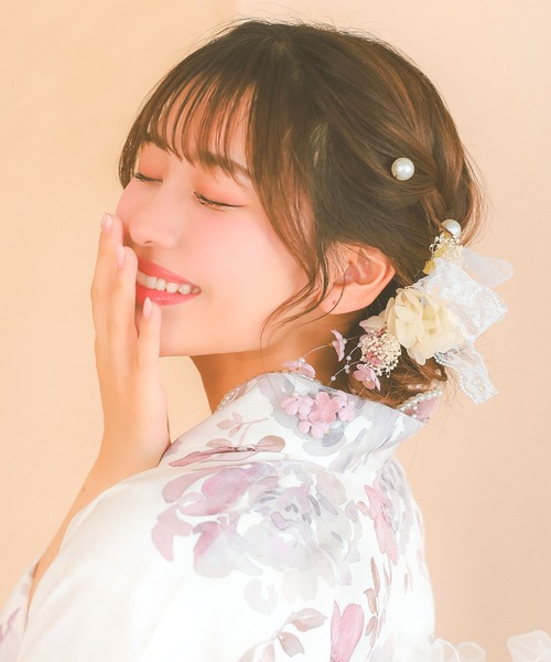 浴衣　フルセット　ヘアアクセサリー付き Tika ゆかた 激安 浴衣 髪飾り パール垂れ 付きニュアンス