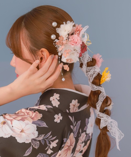 Retica(レティカ)の「浴衣 ヘアアクセサリー 髪飾り パールピンニュアンスカラーフラワーレースリボン 浴衣ヘアアクセ 11点セット かわいい(和装小物・レディース・パープル/ピンク/ブルー・FREE)」の13枚目の写真