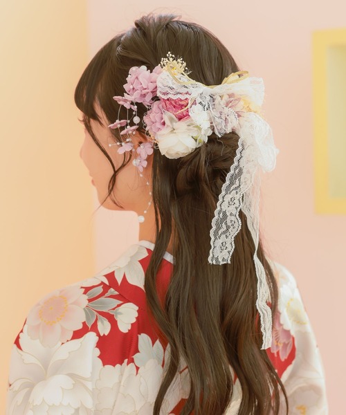 Retica(レティカ)の「浴衣 ヘアアクセサリー 髪飾り パールピンニュアンスカラーフラワーレースリボン 浴衣ヘアアクセ 11点セット かわいい(和装小物・レディース・パープル/ピンク/ブルー・FREE)」の15枚目の写真
