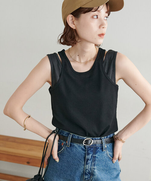 DISCOAT（ディスコート）の「【新色追加/WEB限定】レイヤードタンクトップ（タンクトップ・レディース・アイボリー/ブラック/グレー/ブルー/ブラウン/ネイビー・FREE）」の7枚目の写真