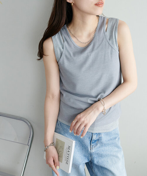 DISCOAT（ディスコート）の「【新色追加/WEB限定】レイヤードタンクトップ（タンクトップ・レディース・アイボリー/ブラック/グレー/ブルー/ブラウン/ネイビー・FREE）」の11枚目の写真