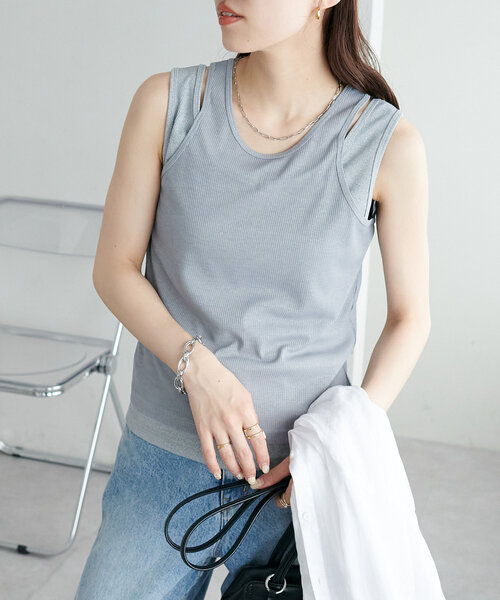 DISCOAT（ディスコート）の「【新色追加/WEB限定】レイヤードタンクトップ（タンクトップ・レディース・アイボリー/ブラック/グレー/ブルー/ブラウン/ネイビー・FREE）」の12枚目の写真