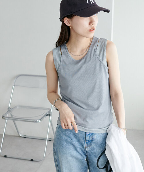 DISCOAT（ディスコート）の「【新色追加/WEB限定】レイヤードタンクトップ（タンクトップ・レディース・アイボリー/ブラック/グレー/ブルー/ブラウン/ネイビー・FREE）」の14枚目の写真