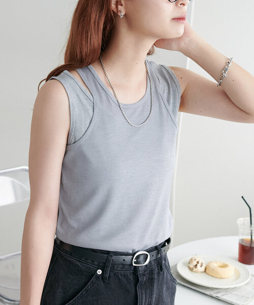 DISCOAT（ディスコート）の「【新色追加/WEB限定】レイヤードタンクトップ（タンクトップ・レディース・アイボリー/ブラック/グレー/ブルー/ブラウン/ネイビー・FREE）」の22枚目の写真