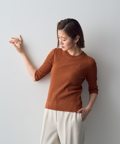 YECCA VECCA（イェッカヴェッカ）の「ラメ7分袖リブニット（ニット/セーター・レディース・ブラック/テラコッタ/ベージュ・FREE）」の3枚目の写真