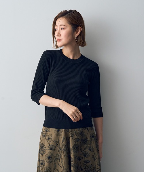 YECCA VECCA（イェッカヴェッカ）の「ラメ7分袖リブニット（ニット/セーター・レディース・ブラック/テラコッタ/ベージュ・FREE）」の2枚目の写真