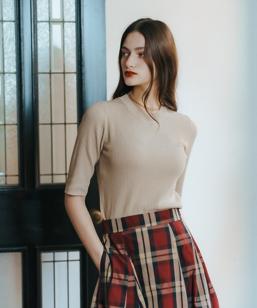 YECCA VECCA（イェッカヴェッカ）の「ラメ7分袖リブニット（ニット/セーター・レディース・ブラック/テラコッタ/ベージュ・FREE）」の5枚目の写真