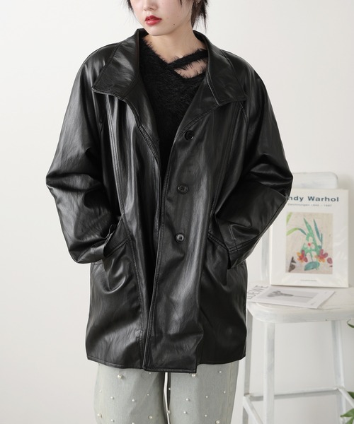 セール】ミドル丈 オーバーサイズ スタンドネックフェイクレザー