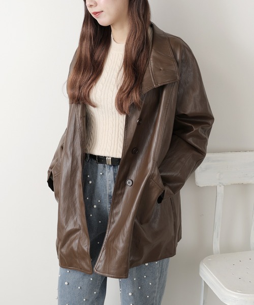 ミドル丈 オーバーサイズ スタンドネックフェイクレザージャケット