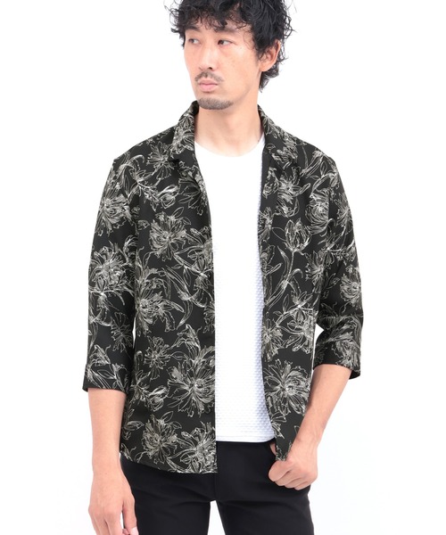 HIGH STREET(ハイストリート)の「HIGH STREET∴ラインフラワーショートウイング7分袖シャツ(シャツ/ブラウス・メンズ・アイボリー/ブラック・M/L/LL/S)」の1枚目の写真