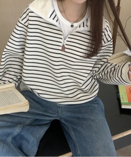 SHEPP（シープ）の「ハーフジップボーダートップス（スウェット・レディース・ブラック/アイボリー・M/L）」の3枚目の写真