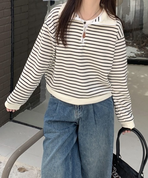 SHEPP（シープ）の「ハーフジップボーダートップス（スウェット・レディース・ブラック/アイボリー・M/L）」の5枚目の写真
