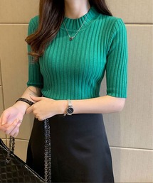 オフィスカジュアルでも使える 5分袖 キレイめ プチハイ リブニット