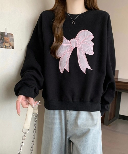 Miniministore(ミニミニストア)の「刺しゅうリボンスウェット裏微起毛トップス(スウェット・レディース・ブラック/ライトグレー/グレー・FREE)」の10枚目の写真