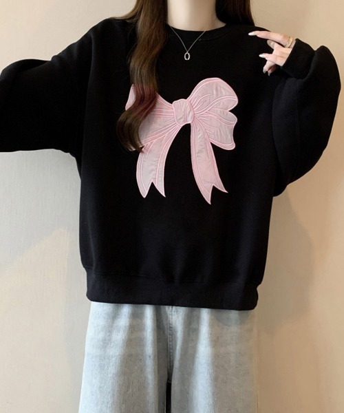Miniministore(ミニミニストア)の「刺しゅうリボンスウェット裏微起毛トップス(スウェット・レディース・ブラック/ライトグレー/グレー・FREE)」の11枚目の写真