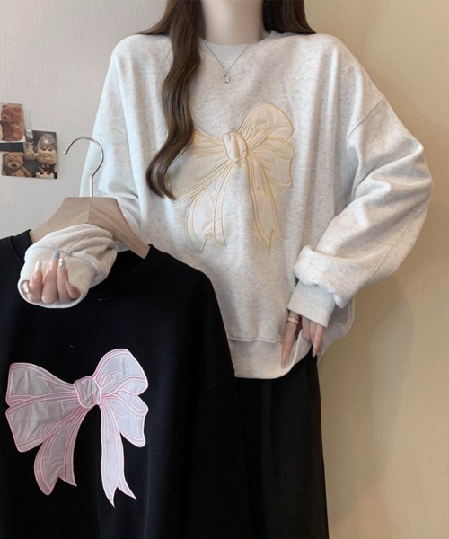 Miniministore(ミニミニストア)の「刺しゅうリボンスウェット裏微起毛トップス(スウェット・レディース・ブラック/ライトグレー/グレー・FREE)」の18枚目の写真