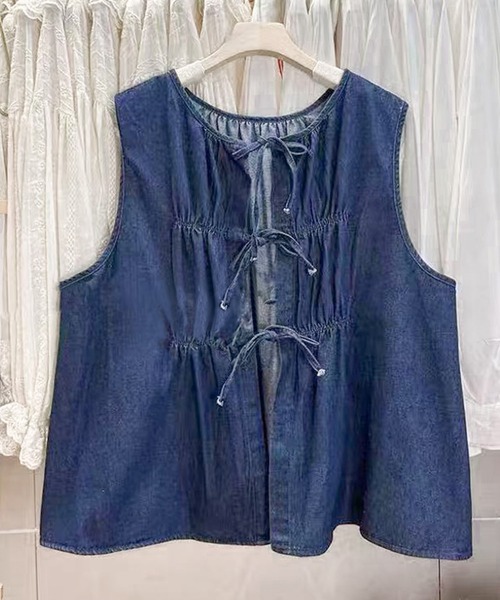 aimoha（アイモハ）の「ドローストリングデニムベスト（ベスト・レディース・ライトブルー/ネイビー・FREE）」の9枚目の写真