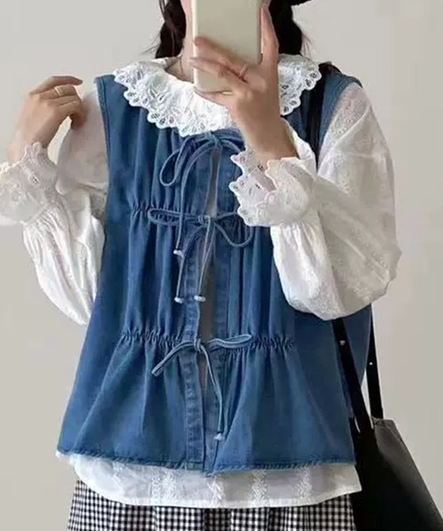 aimoha（アイモハ）の「ドローストリングデニムベスト（ベスト・レディース・ライトブルー/ネイビー・FREE）」の12枚目の写真