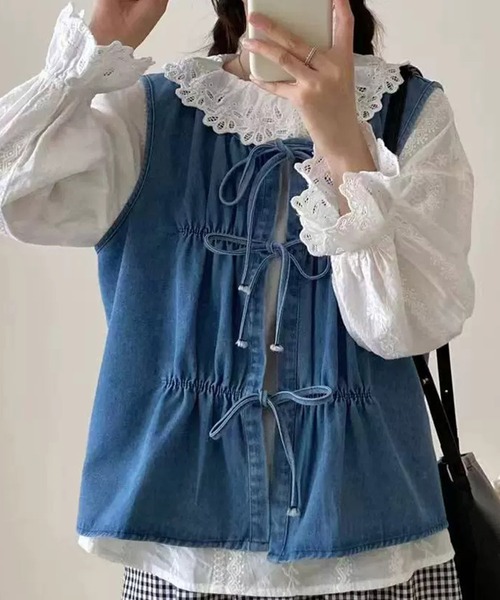 aimoha（アイモハ）の「ドローストリングデニムベスト（ベスト・レディース・ライトブルー/ネイビー・FREE）」の22枚目の写真