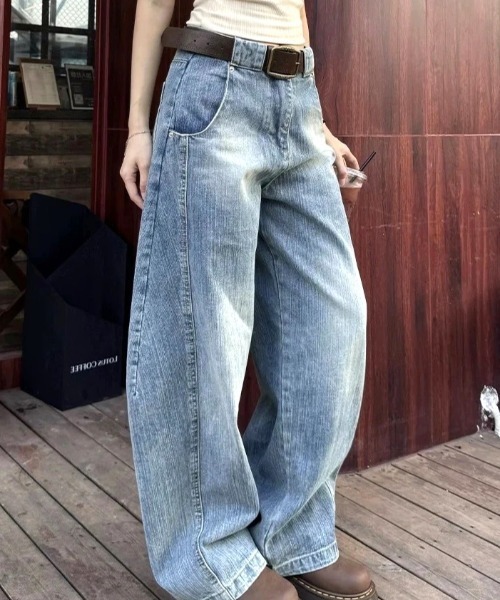 2色 デニムパンツ ジーパン 七分丈 アメリカン レトロ ワイド WEB限定】アシンメトリーデニムワイドパンツ【小柄女性向け