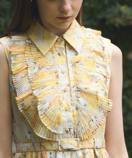 French Sleeve Airy Pleated Printed one-piece フレンチ