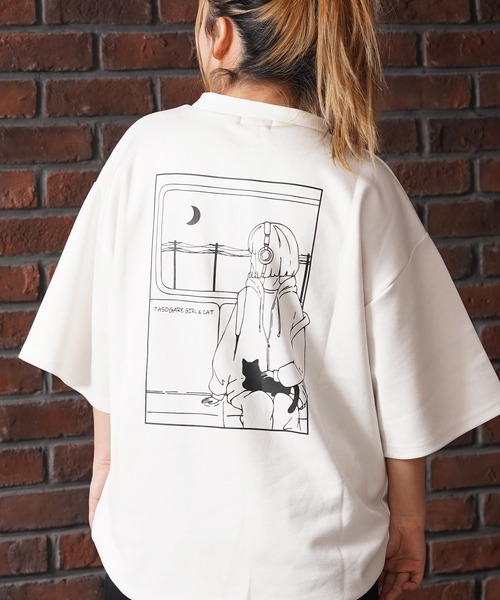 1111clothing(ワンフォークロージング)の「ガール&クロネコ スエードTシャツ / Girl & Kuroneko Suede T-Shirt(Tシャツ/カットソー・レディース・ブラック/オフホワイト/グレー・L/M)」の2枚目の写真
