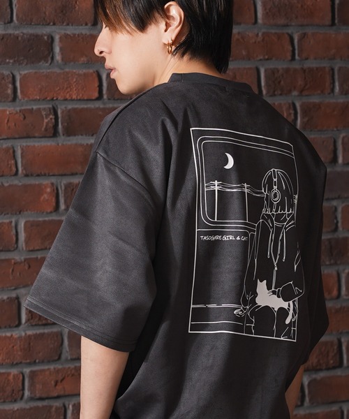 1111clothing(ワンフォークロージング)の「ガール&クロネコ スエードTシャツ / Girl & Kuroneko Suede T-Shirt(Tシャツ/カットソー・レディース・ブラック/オフホワイト/グレー・L/M)」の3枚目の写真