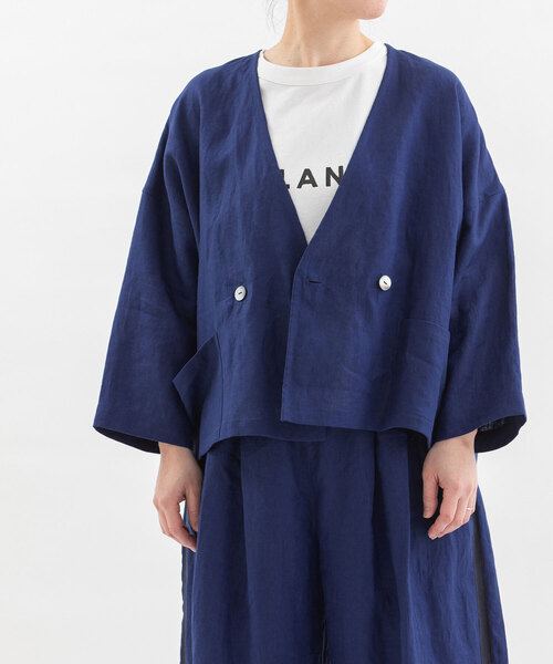 【新品】 ノップドゥノッド ドット柄 リネン100% ノーカラージャケット セール】Cielリネンノーカラーカーデジャケット（ノーカラー