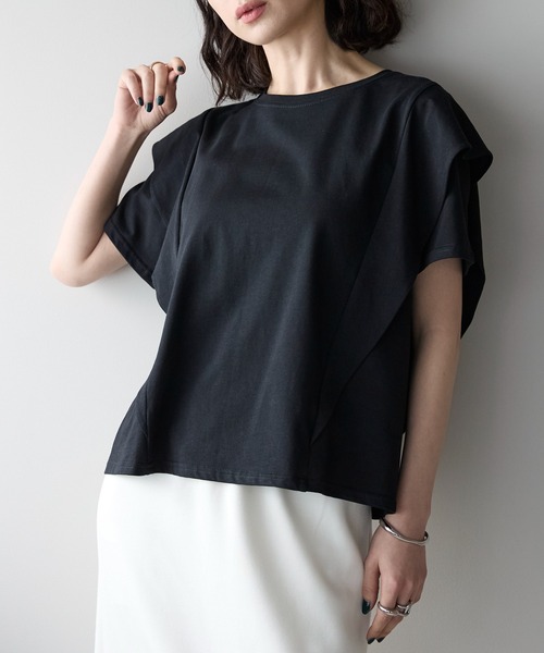 人気 半袖 使える フリル Tシャツ ブラック フリル ブラウス レディース カットソー 春夏 トップス プル