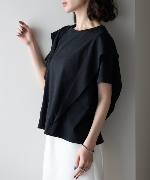 24209R フリーサイズ ラッフル　フリル　スリーブ　Tシャツ　カットソー セール】ラッフルフリルスリーブコンパクトTシャツ（Tシャツ