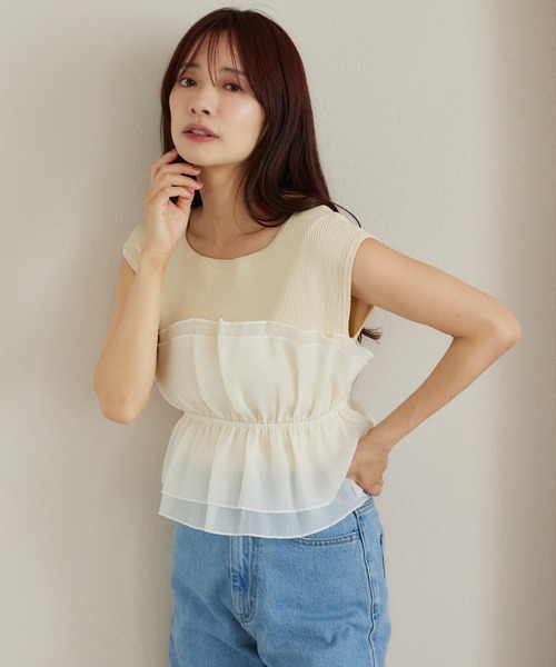 mysty woman（ミスティウーマン）の「異素材ビスチェニットプルオーバー  499611（ニット/セーター・レディース・グレー/アイボリー/ブラック・FREE）」の2枚目の写真