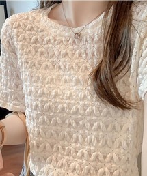 ブラウストップス 白 薄手 花柄 透かし編み Tシャツ