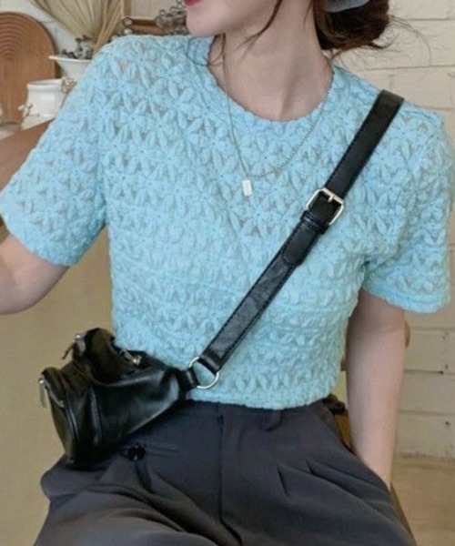 shoppinggo(ショッピングゴー)の「ブラウストップス 白 薄手 花柄 透かし編み Tシャツ(Tシャツ/カットソー・レディース・ホワイト/オレンジ/ブルー・L/M)」の3枚目の写真