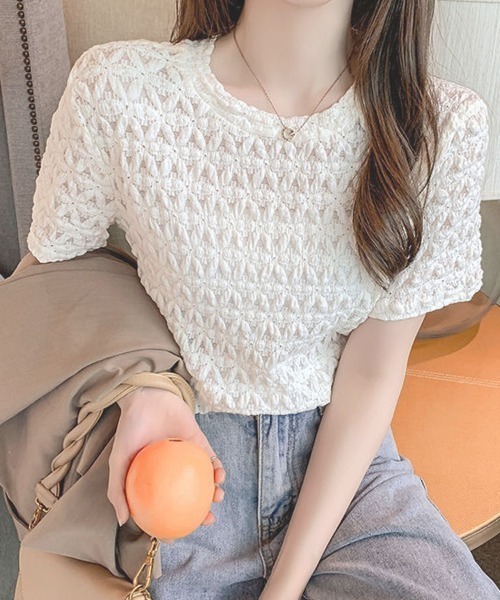 shoppinggo(ショッピングゴー)の「ブラウストップス 白 薄手 花柄 透かし編み Tシャツ(Tシャツ/カットソー・レディース・ホワイト/オレンジ/ブルー・L/M)」の4枚目の写真